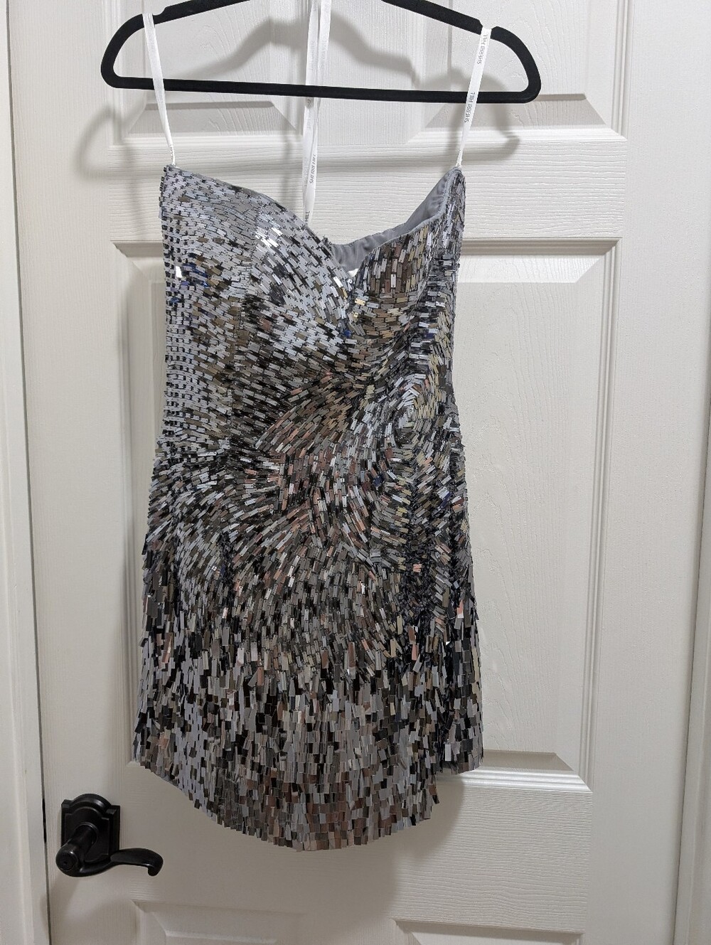 Sherri Hill Strapless Silver Sequin Mini Dress